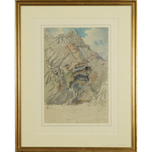 211 - Attributed to Albert Hood - Rocky landscape, 19th century Norwegian pencil and watercolour, inscribe... 
