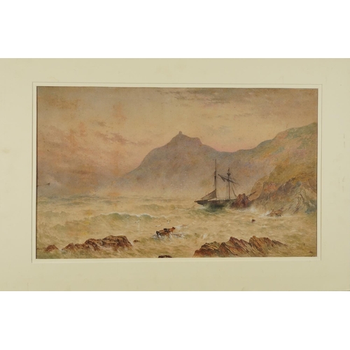 352 - Harry J Williams 1874 - Rocky coastal scene with shipwreck, 19th century English heightened watercol... 