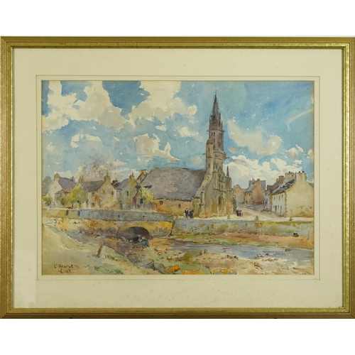 1200 - Village scene with bridge over stream and church, indistinctly signed, possibly L'Honitae?, watercol... 