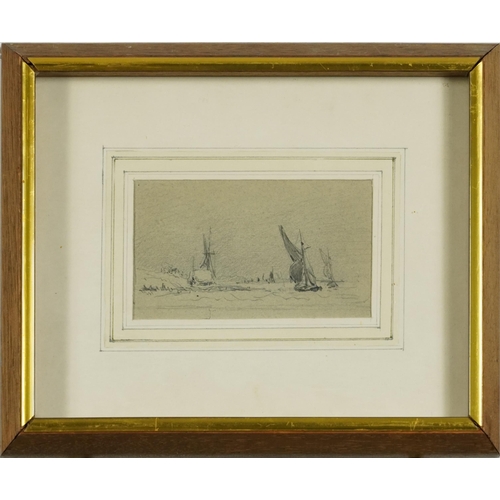 424 - Boats beside a coastline, ink and pencil sketch, mounted, framed and glazed, 11cm x 6.5cm excluding ... 