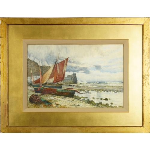 1118 - J F Anderson '91 - Coastal landscape with moored fishing boats before a lighthouse, late 19th centur... 