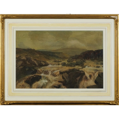 426 - John Edmund Mace - Highland river in Spate, watercolour, inscribed verso, mounted, framed and glazed... 