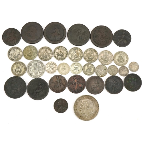 2399 - 18th century and later British coinage including pennies, 1935 Rocking Horse crown and pre 1947 coin... 