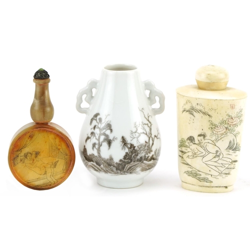 1263 - Chinese porcelain Hu arrow vase with handles and two Chinese bone snuff bottles with stoppers, one w... 