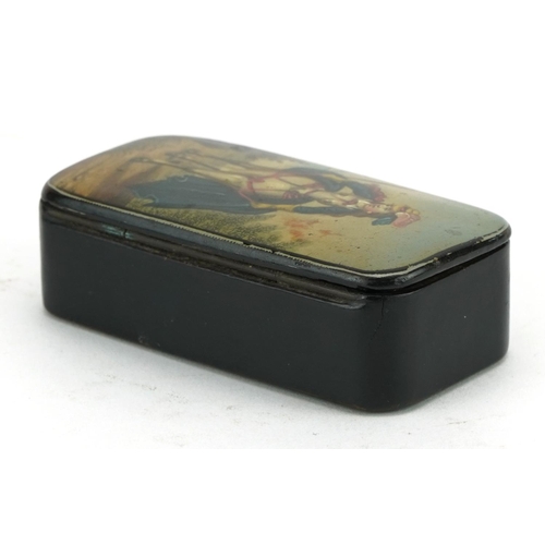 225 - Victorian papier mache snuff box having a hinged lid, hand painted with a female wearing a riding ha... 