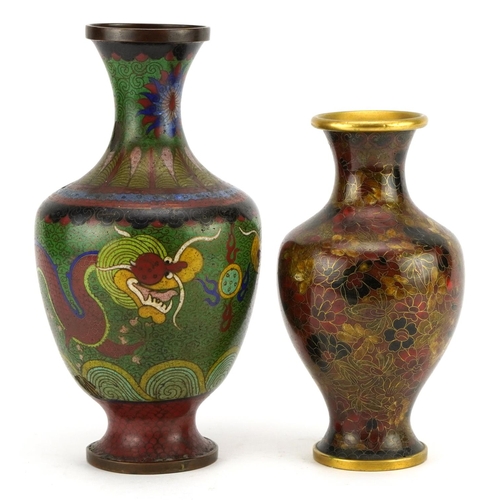 490 - Two Chinese cloisonne vases including one enamelled with two dragons chasing the flaming pearl, the ... 