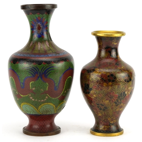 490 - Two Chinese cloisonne vases including one enamelled with two dragons chasing the flaming pearl, the ... 