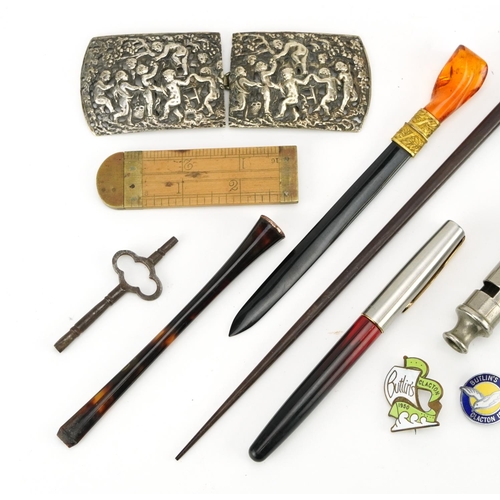 471 - 19th century and later objects including a letter opener with natural amber terminal, faux tortoises... 