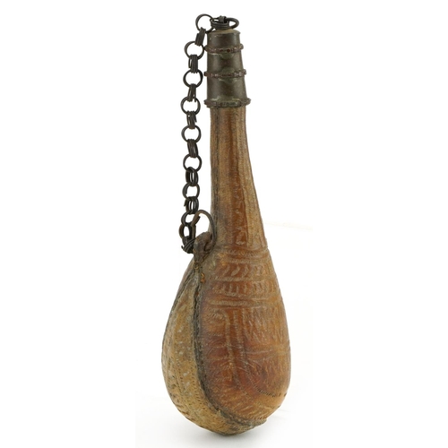 398 - Antique military interest vellum powder flask with bronzed mounts, 20cm in length