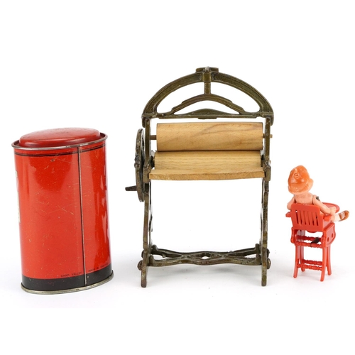 528 - Sundry items including a miniature metal and lightwood mangle, Post Office postbox design money box ... 