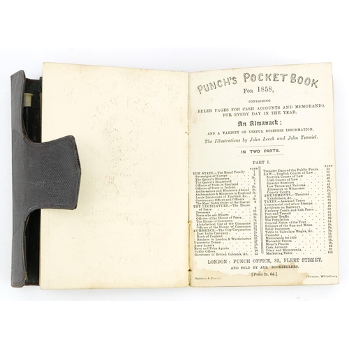 2292 - Victorian leather bound Punch's Pocket Book for 1858 with coloured pull-out, 12cm high