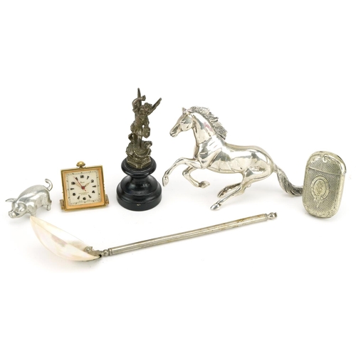 1273 - Sundry items including silver plated rearing horse, vesta and spoon with mother of pearl bowl, the l... 