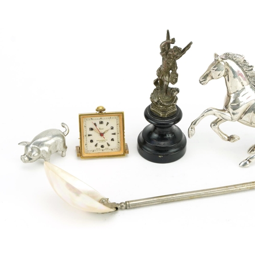 1273 - Sundry items including silver plated rearing horse, vesta and spoon with mother of pearl bowl, the l... 