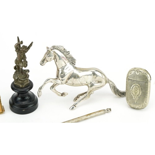 1273 - Sundry items including silver plated rearing horse, vesta and spoon with mother of pearl bowl, the l... 