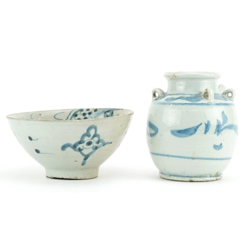 43 - Chinese provincial blue and white porcelain spouted vessel and a similar bowl hand painted with a dr... 
