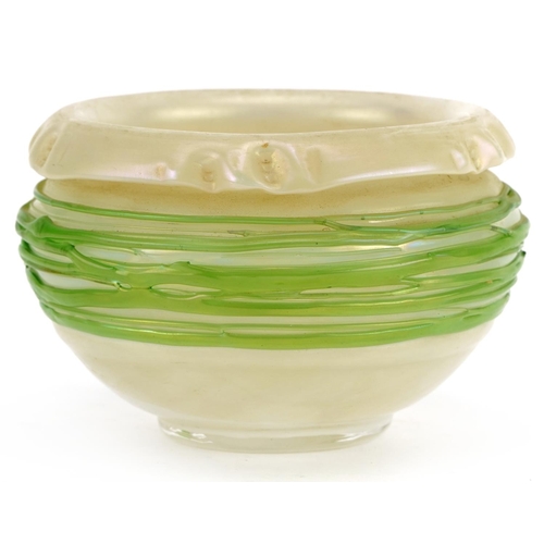 159 - Kralik, Bohemian iridescent glass bowl with green trailed, 13.5cm in diameter