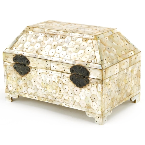 76 - Indian Goa mother of pearl table casket formed of pinned sections, 13.5cm H x 20cm W x 12.5cm D