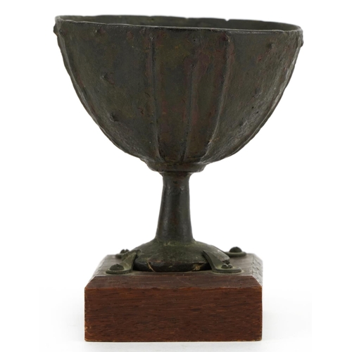 24 - Antique lacquered bronze Etruscan chalice, collection mark to the base, inscribed C58, raised on a l... 