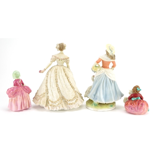 1180 - Four Royal Worcester and Royal Doulton figurines comprising Home Again HN2167, Bo Peep HN1811, Goose... 