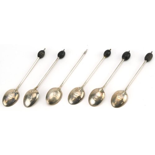 441 - Set of six silver coffee bean spoons with fitted case, Birmingham 1946, 10.5cm in length, 43.3g