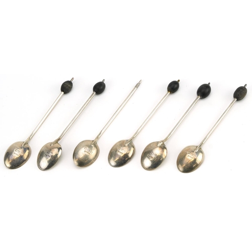 441 - Set of six silver coffee bean spoons with fitted case, Birmingham 1946, 10.5cm in length, 43.3g