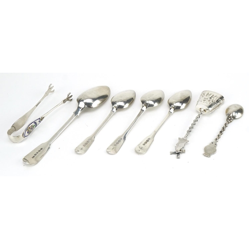 445 - Five Georgian and later silver spoons, pair of sterling silver and enamel sugar tongs and a Dutch wh... 