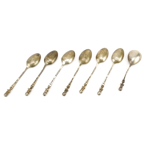 334 - Set of six Victorian silver apostle teaspoons and matching caddy spoon, J D & S maker's mark, Sheffi... 