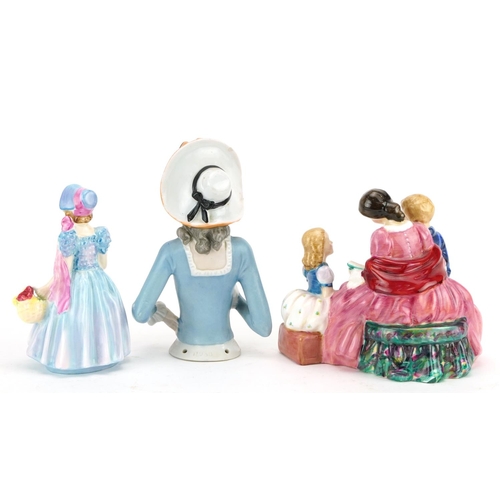 1138 - Two Royal Doulton figurines and a Victorian porcelain half pin doll, including Bedtime Story HN2059 ... 