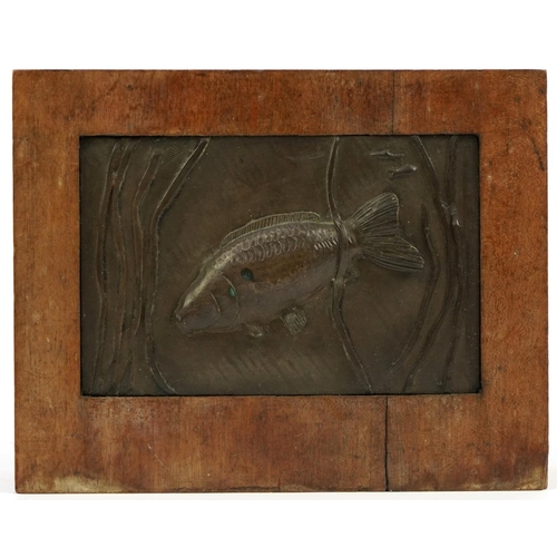 36 - Mid century style wooden block inset with a bronzed plaque of a fish amongst aquatic life, 22cm H x ... 