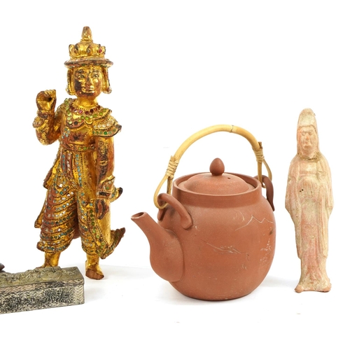 581 - Chinese and Asian sundry items including Yixing terracotta teapot, Tang style terracotta figure, roo... 