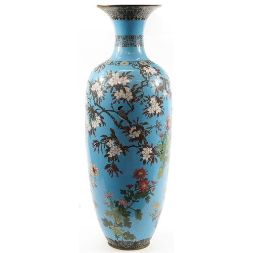 245 - Floor standing Japanese cloisonne vase enamelled with birds amongst flowers, 103.5cm high
