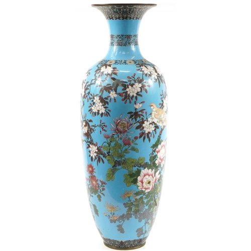 245 - Floor standing Japanese cloisonne vase enamelled with birds amongst flowers, 103.5cm high