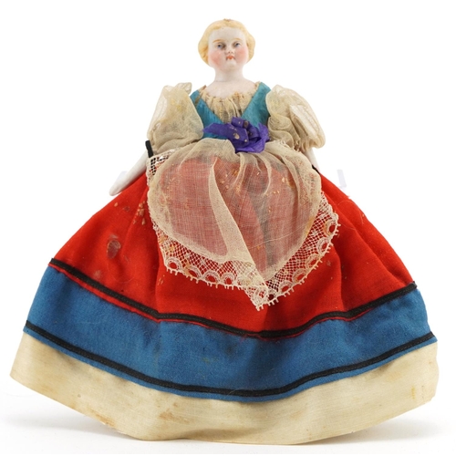 2010 - 19th century French bisque porcelain doll wearing 18th century dress, the doll 17cm high