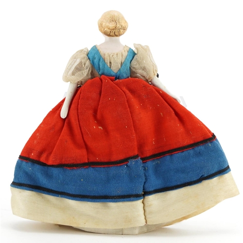 2010 - 19th century French bisque porcelain doll wearing 18th century dress, the doll 17cm high