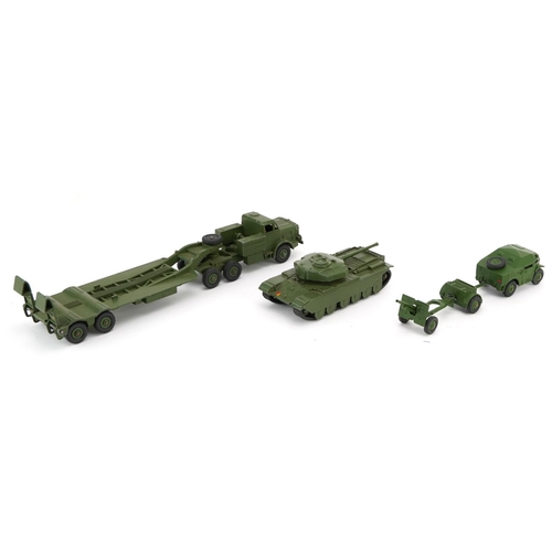 2024 - Three vintage Dinky Toys diecast army vehicles with boxes comprising Tank Transporter 660, 25-Pounde... 