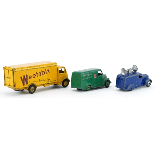 2031 - Three vintage Dinky Toys diecast vehicles comprising Weetabix Advertising Guy Van, Loud Speaker Van ... 