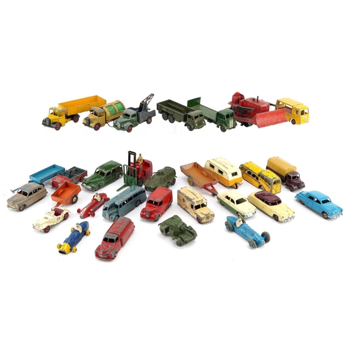 2037 - Vintage Dinky Toys diecast vehicles including racing cars, trucks, buses, vans, bulldozer and forkli... 