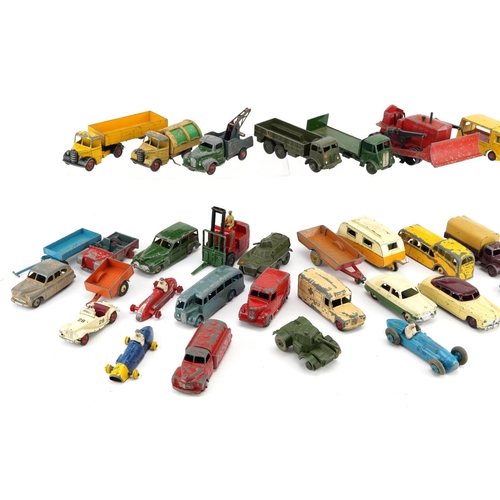 2037 - Vintage Dinky Toys diecast vehicles including racing cars, trucks, buses, vans, bulldozer and forkli... 