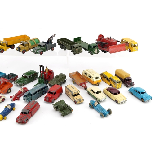 2037 - Vintage Dinky Toys diecast vehicles including racing cars, trucks, buses, vans, bulldozer and forkli... 