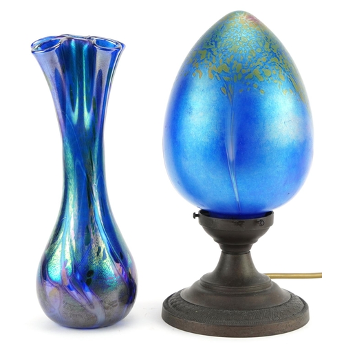 1170 - Alum Bay iridescent glass vase and a table lamp with Heron iridescent glass shade, the largest 23cm ... 