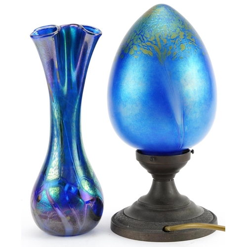 1170 - Alum Bay iridescent glass vase and a table lamp with Heron iridescent glass shade, the largest 23cm ... 