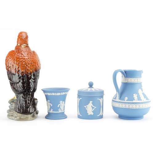 1243 - Beswick Golden Eagle decanter and Wedgwood Jasperware including jug decorated with classical figures... 