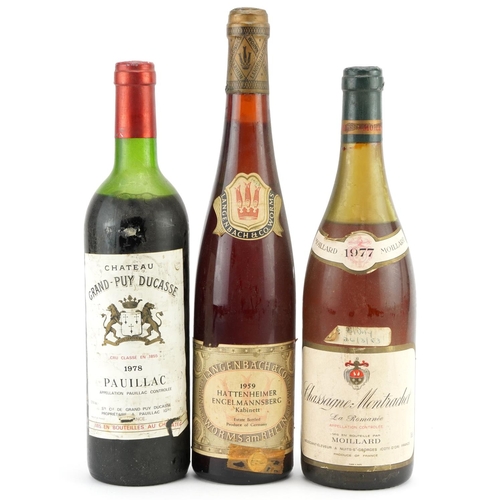 200 - Three bottles of wine comprising bottle of 1978 Chateau Grand Puy Ducasse Pauillac, 1959 Hattenheime... 