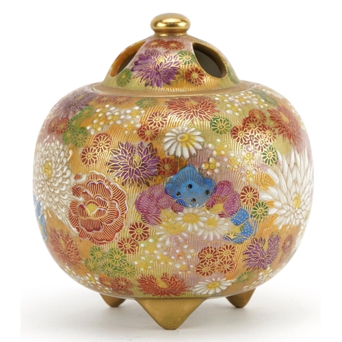 85 - Japanese Satsuma pottery three footed pot pourri vase and cover hand painted with flowers, character... 