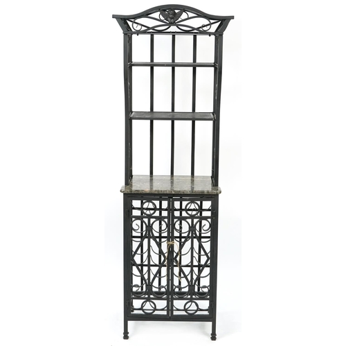 1091 - Farmhouse style wrought iron stand with open shelves above a wine rack and marble work surface, 171c... 