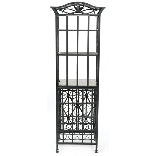 1091 - Farmhouse style wrought iron stand with open shelves above a wine rack and marble work surface, 171c... 