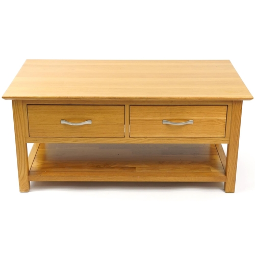 1017 - Contemporary light oak coffee table with two drawers and under tier, 50.5cm H x 110cm W x 59cm D