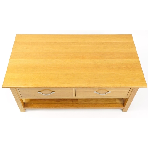 1017 - Contemporary light oak coffee table with two drawers and under tier, 50.5cm H x 110cm W x 59cm D