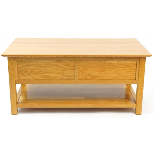 1017 - Contemporary light oak coffee table with two drawers and under tier, 50.5cm H x 110cm W x 59cm D