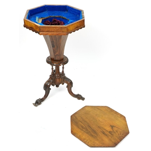 1072 - Victorian burr walnut octagonal trumpet work table with tripod base, 76cm H x 43.5cm W x 43.5cm D